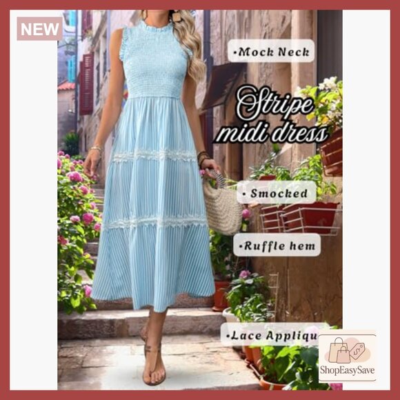Striped Midi Dress Sleeveless Smocked Tiered Flowy Vintage Casual Summer - Picture 4 of 7